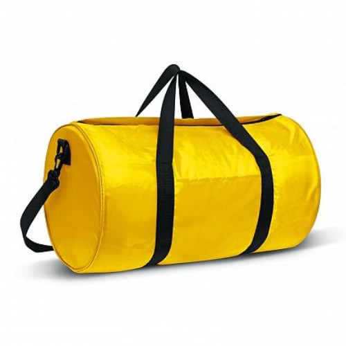 Set of 6 vibrant yellow arena duffle bags, lightweight 210D polyester with woven handles, removable straps, and slip pocket.