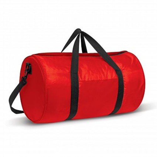 Set of 6 vibrant red Arena Duffle Bags, lightweight, durable 210D polyester with carry handles and removable shoulder straps.