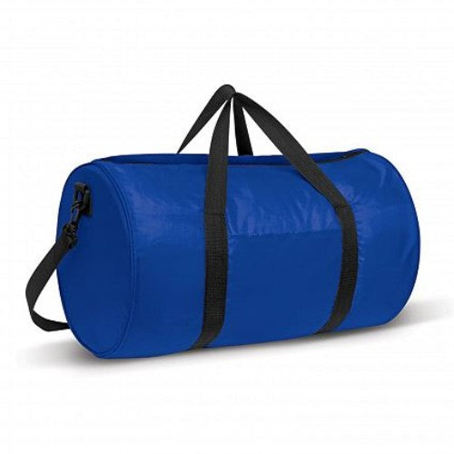 Set of 6 blue Arena Duffle Bags, lightweight 210D polyester with woven handles, adjustable shoulder strap, and front slip pocket.