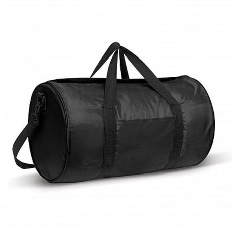 Set of 6 black Arena Duffle Bags made of durable polyester, featuring carry handles and adjustable straps for versatile use.