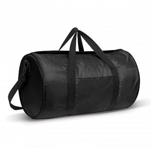 Set of 6 black Arena Duffle Bags made of durable polyester, featuring carry handles and adjustable straps for versatile use.