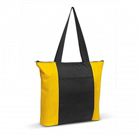 Set of 6 yellow and black tote bags, featuring durable polyester, zippered closure, slip pocket, and long shoulder handles.