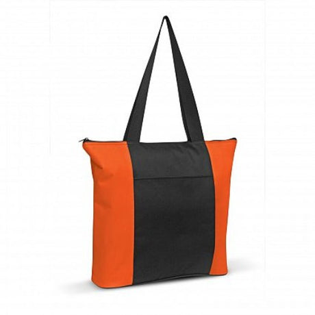 Set of 6 vibrant orange and black tote bags, durable 600D polyester, with zippered closure and slip front pocket.