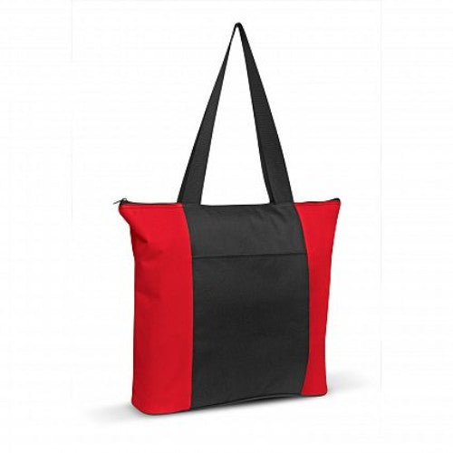Stylish set of 6 durable red and black tote bags with zippered closures and spacious pockets for everyday use.
