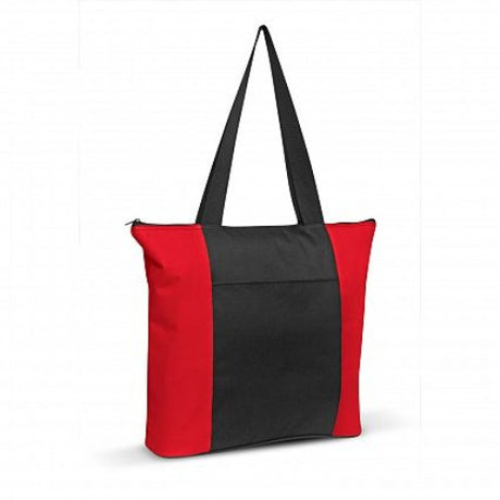 Stylish set of 6 durable red and black tote bags with zippered closures and spacious pockets for everyday use.