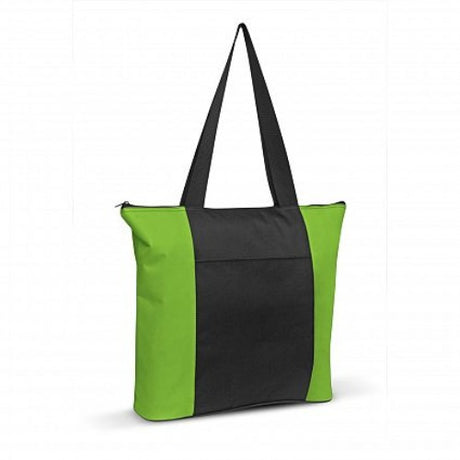 Bright green and black tote bag set of 6, durable, eco-friendly, with zippered closure and reinforced gusset for easy carrying.