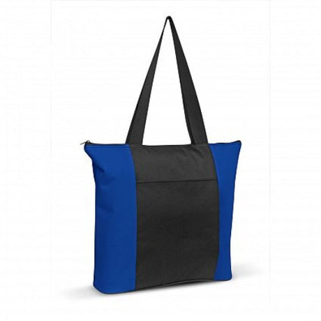 Set of 6 royal blue and black tote bags made from durable polyester, featuring a zip closure, slip pocket, and long handles.