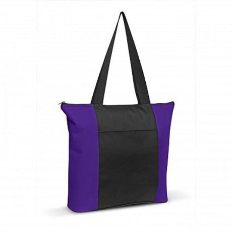 Set of 6 durable purple and black tote bags with zippered closure, slip pocket, and long handles for comfortable carrying.
