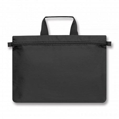 Set of 10 black Expo Satchels made from eco-friendly material, featuring woven handles and secure zippered closures.