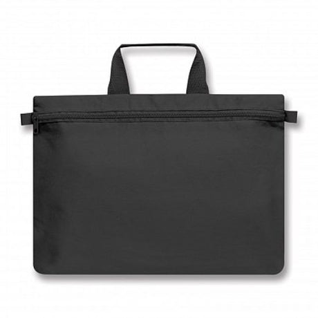 Set of 10 black Expo Satchels made from eco-friendly material, featuring woven handles and secure zippered closures.