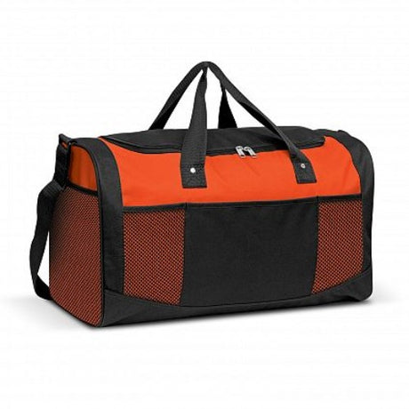 Vibrant orange Quest Duffle Bag made from durable 600D polyester with multiple pockets and adjustable straps for travel and sports.