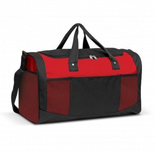 Red Quest Duffle Bag made from durable 600D polyester with riveted handles, adjustable strap, and multiple pockets for organization.