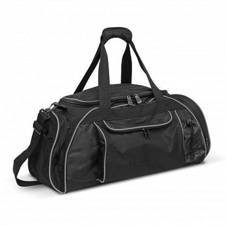 Sleek grey and black Horizon Duffle Bag with waterproof inner bag, multiple compartments, and adjustable shoulder strap.