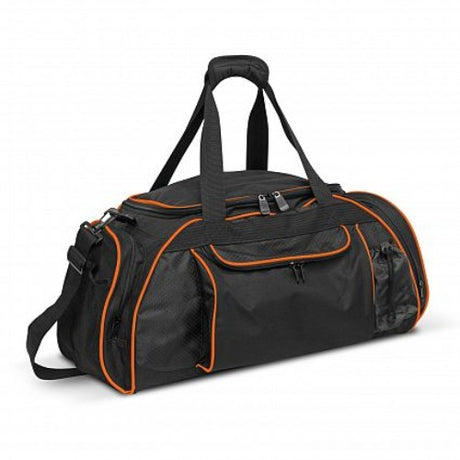 Vibrant orange and black duffle bag with multiple compartments, waterproof inner bag, and adjustable strap for travel or gym.