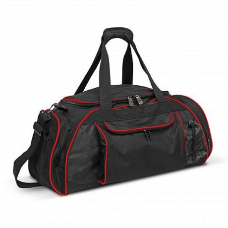 Red and black Horizon Duffle Bag with durable polyester, ergonomic handles, waterproof compartment, and adjustable shoulder strap.