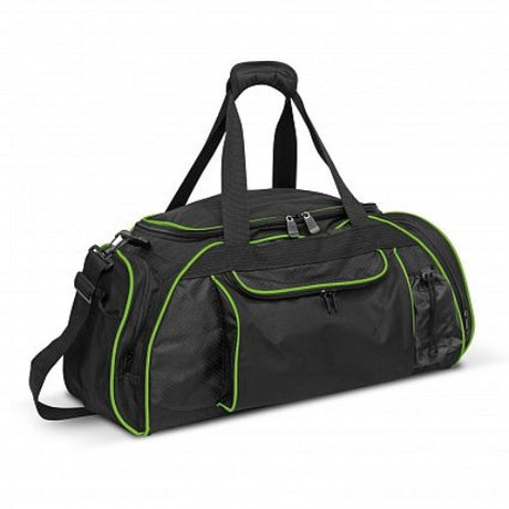 Bright green and black duffle bag with durable materials, multiple compartments, and versatile carrying options for travel and sports.