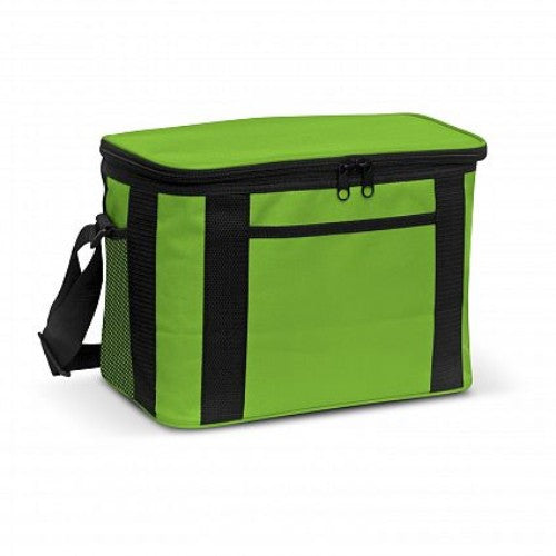 Bright green Tundra Cooler Bag with 10L capacity, thick insulation, waterproof liner, zip closure, and adjustable strap for outdoor use.