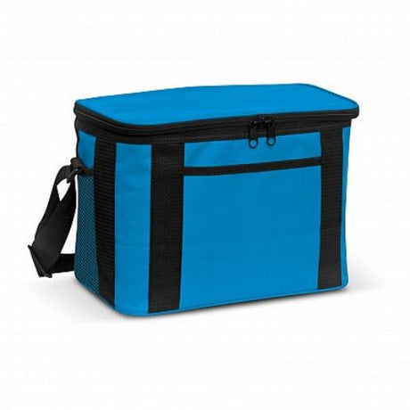 Light blue Tundra Cooler Bag with 10L capacity, thick insulation, waterproof inner, and multiple pockets for outdoor use.