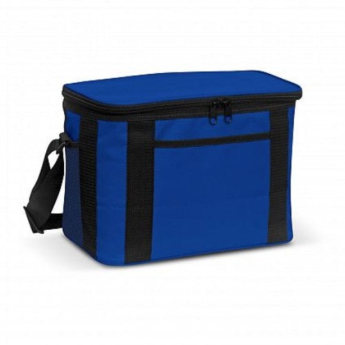 Dark blue Tundra Cooler Bag with thick insulation, waterproof liner, adjustable strap, and multiple pockets for outdoor fun.