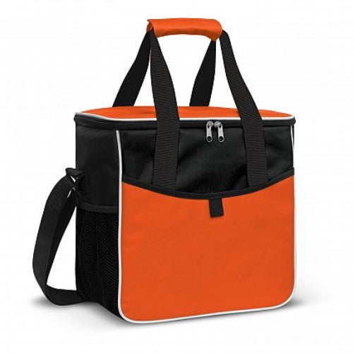 Vibrant orange Nordic Cooler Bag with 18L capacity, thick insulation, and convenient storage pockets for outdoor adventures.