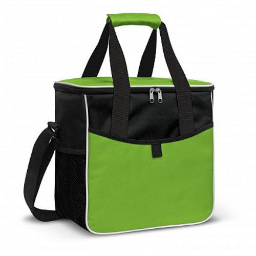 Bright green Nordic Cooler Bag with 18L capacity, thick insulation, waterproof liner, and convenient pockets for outdoor adventures.