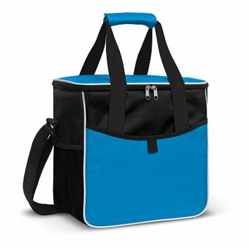 Light blue Nordic Cooler Bag with 18-litre capacity, thick insulation, waterproof liner, and convenient pockets for outdoor use.
