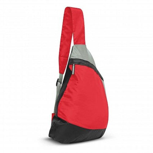 Set of 10 vibrant red Varsity Slinger Bags with adjustable straps, zippered compartments, and water bottle holders.