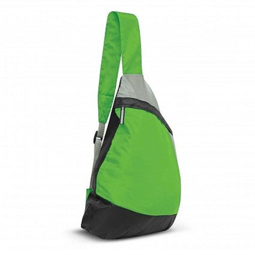Bright Green Varsity Slinger Bag set of 10, featuring durable polyester, adjustable strap, zippered compartment, and water bottle carrier.