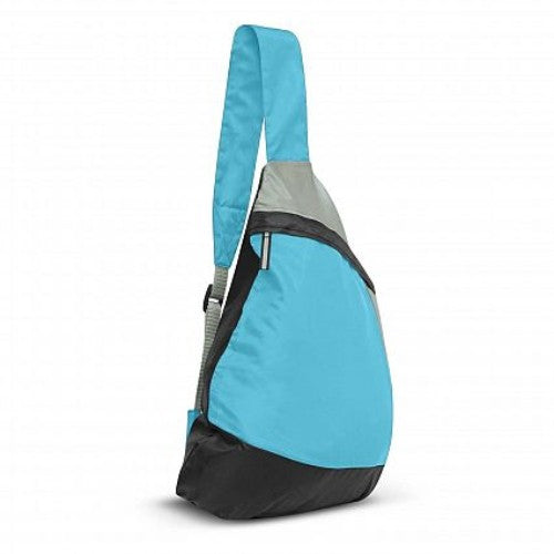 Light blue Varsity Slinger Bags set of 10 featuring adjustable straps, zippered compartments, and water bottle carriers.