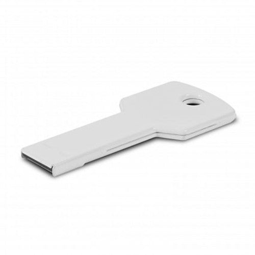 Stylish white key-shaped 4GB flash drive with USB 2.0, perfect for portable data storage and transfers.