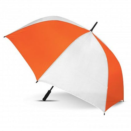 Hydra Sports Umbrella in white and orange, featuring an automatic opening, windproof design, and large 1300mm coverage.