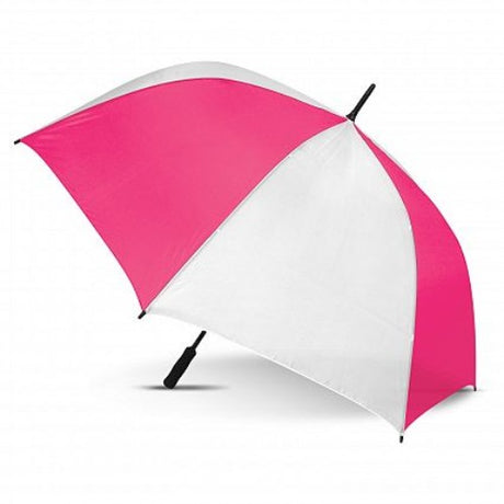 Stylish white and pink sports umbrella with a durable showerproof canopy and wind-resistant fiberglass frame.