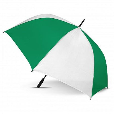Hydra Sports Umbrella featuring a white and dark green design, 1300mm diameter, windproof fibreglass frame, and automatic opening.