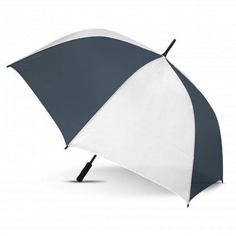 Automatic white and navy sports umbrella with durable waterproof fabric and wind-resistant ribs, ideal for outdoor use.