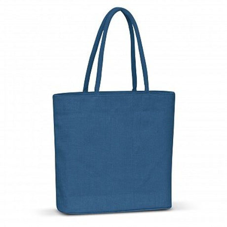 Set of 6 vibrant royal blue jute tote bags with padded cotton handles, ideal for eco-friendly shopping and daily use.