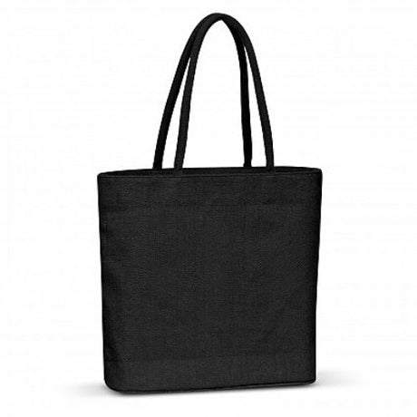 Elegant black jute tote bag set of 6, featuring padded handles and ample capacity for eco-friendly shopping.