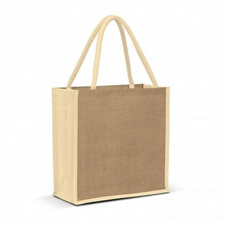 Natural and white Lanza jute tote bag set of 6 with padded handles, ideal for eco-friendly shopping and gifting.