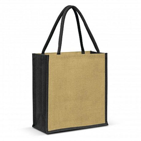 Set of 6 natural and black jute tote bags with padded handles, perfect for shopping and eco-friendly use.