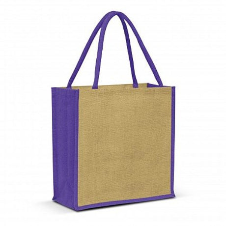 Monza Jute Tote Bag set of 10 features natural jute with vibrant purple accents, spacious gusset, and padded cotton handles.