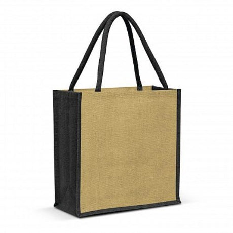 Eco-friendly Monza Jute Tote Bag set of 10, natural and black, spacious with padded handles for comfortable carrying.