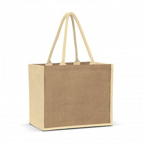 Set of 6 natural and white jute tote bags with padded handles, perfect for eco-friendly shopping and versatile use.