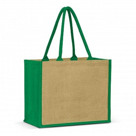 Set of 6 eco-friendly Torino Jute Tote Bags in natural and green, featuring padded handles and large gusset for versatile use.