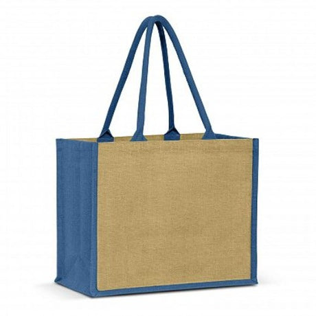 Set of 6 eco-friendly Torino Jute Tote Bags in natural and blue, featuring padded handles and spacious design for everyday use.