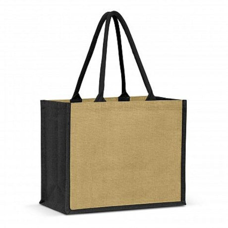 Set of 6 eco-friendly Torino Jute Tote Bags in natural and black, featuring padded handles and spacious gusset for versatile use.