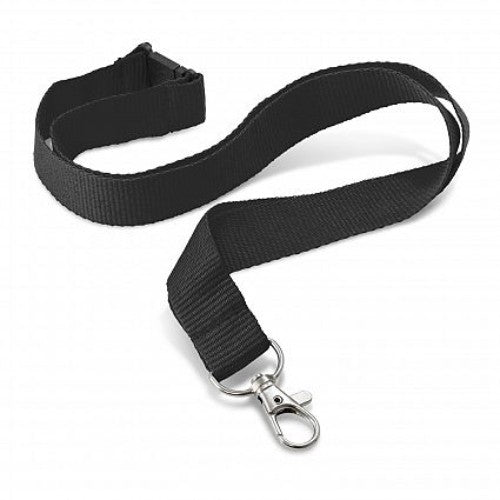 Black polyester Encore lanyard set of 30 with metal clip and safety feature, ideal for events and branding.
