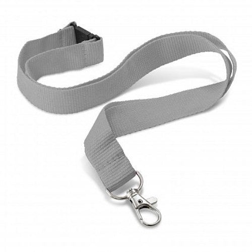 Set of 30 grey polyester lanyards with metal and safety clips, ideal for branding and ID attachment.