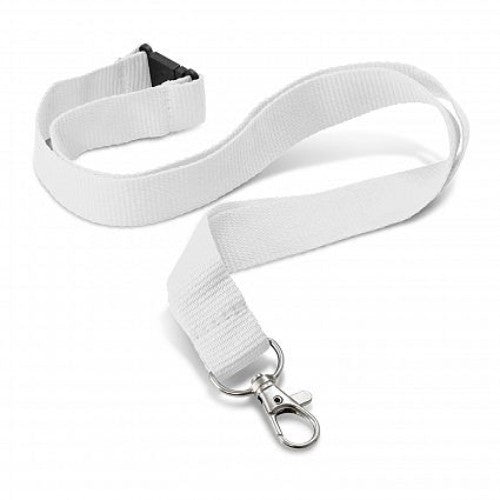 White Encore lanyard set of 30, ideal for branding events with metal and safety clips, 20mm x 490mm dimensions.