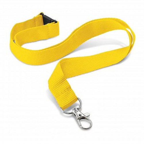 Bright yellow Encore lanyards set of 30, made from durable polyester, featuring metal and safety clips for secure attachment.