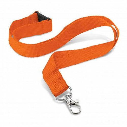 Orange Encore lanyards set of 30, made from durable polyester with metal and safety clips, ideal for events and branding.