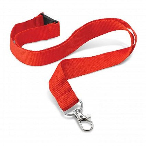 Red Encore Lanyard set of 30, 20mm wide, 490mm long, with metal and safety clips for IDs, perfect for events and branding.